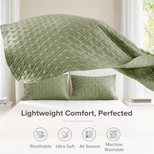 Comfort Spaces Queen Quilt Set Modern Reversible Diamond Coverlet Queen Bedding Set Cozy Quilted Winter Layer, All Season Lightweight Soft Queen Size Quilt, Kienna, Full/Queen Olive Green3 Piece
