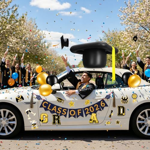 Gemscream 2026 Graduation Car Magnets Decorations 23'' Inflatable Graduation Cap 15 Pcs Congrats Grad Car Magnets Stickers Class of 2026 Decor for Parade, High School College(Gold and Black,Grad) by Gemscream - Image 5