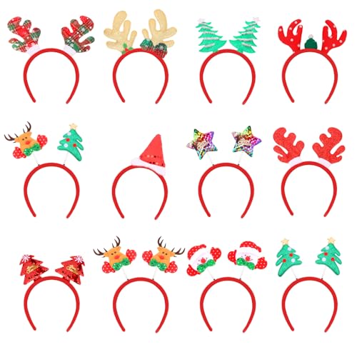 Amariver Christmas Holiday Headbands Set, Festive Party Hair Accessories with Reindeer Antlers, Santa Hat, Christmas Tree Designs, 12 Pack