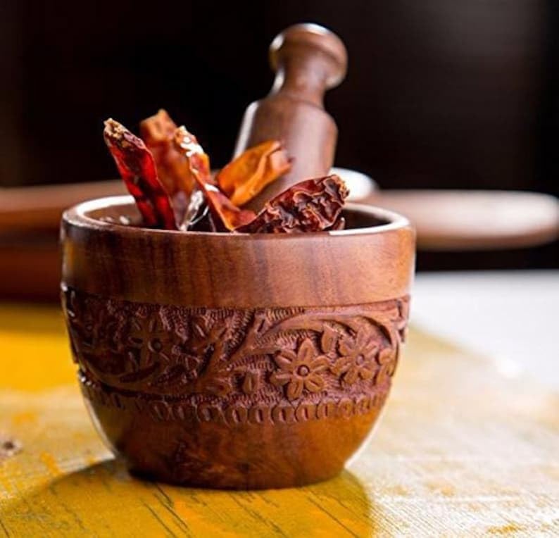 Aziz Universal Wooden Okhli Masher Mortar Pestl Mango Moon Kitchen Tool Set