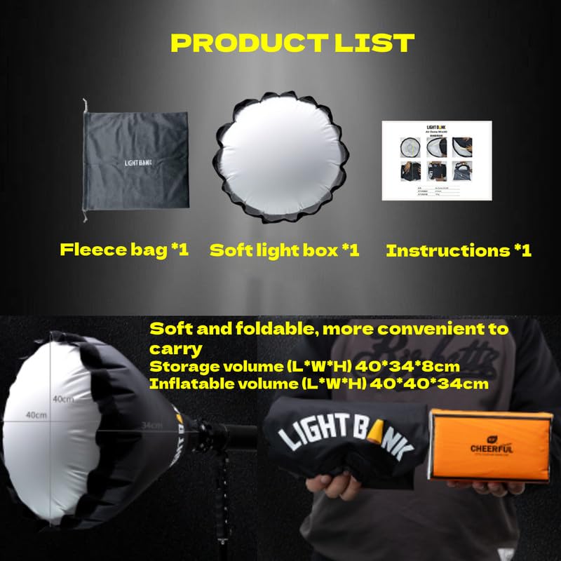 Flynoodle Air Dome 40 Mini Softbox gonfiabile, Soft Light Box per 8-10 cm, copertura standard Bowens, supporto COB video, portatile, pieghevole, per fotografia/video/streaming live