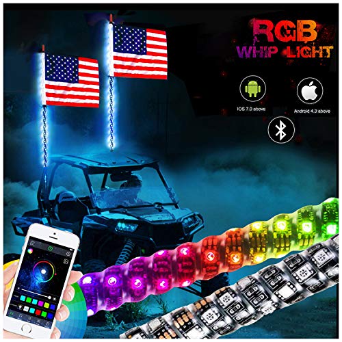 NBWDY 2PC 3FT RGB LED Whip Light with APP Control 360°Spiraling Rising Dancing Dreamcolor Flag Offroad Warning Lighted LED Whips LED Antenna Light for UTV, ATV, Off Road,Sand, Buggy Dune, RZ