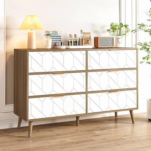 Sweiko Cómoda con 6 cajones y asas de metal doradas, mesa auxiliar moderna con patas de madera maciza, armario multiusos para pasillo, dormitorio, salón, W1441S00002