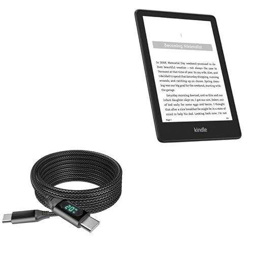 BoxWave Cable Compatible with Amazon Kindle Paperwhite (5th Gen 2021) - PowerDisplay PD Cable (6ft) - USB-C to USB-C (100W), LED Wattage Info Extra Long Braided Nylon - Jet Black