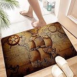 HKPOEQ Alfombra de Baño Antideslizante 60x90 cm,Rutas de mapas Antiguos y Retro, Barcos de Vela en mapas Antiguos, Objetos ná,Microfibra Súper Absorbente y Suave, Alfombrilla Lavable y Ducha o Bañera