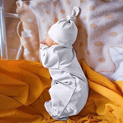Opawo Unisex Newborn Baby 3-Pack Cotton Knotted Gowns With Mitten Cuffs And Matching Hat For Boys Girls(Black,White,Gray/0-6 Months) #TOP6