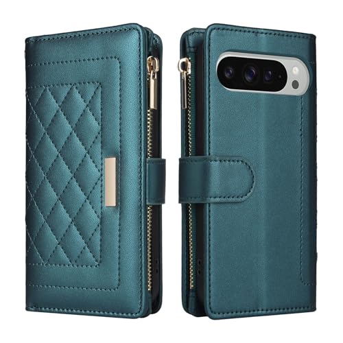 Étui pour Google Pixel 10 Pro en cuir vert foncé avec portefeuille à fermeture éclair et dragonne