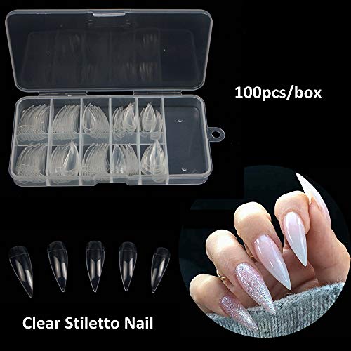 Dragon Grain 100pcs Stiletto Nail Tips Shape Clear Medium Half Cover Acrylic False Nail Tips with Box (Clear)