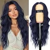 AISI HAIR Dark blue Wigs for Women, Long Wavy Lace Hairline Middle Part Synthetic Heat Resistant Wig for Daily Party-26 Inch
