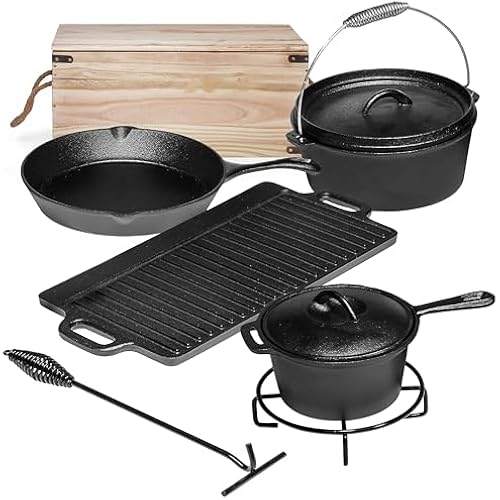 Bruntmor Camping Cooking Set Of 7. Pre Seasoned Cast Iron Pots And Pans Dutch Oven With Lids For Outdoor Comefire. Grill Cookware Skillet Sets With Storage Box