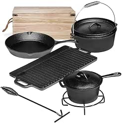 Bruntmor Camping Cooking Set Of 7. Pre Seasoned Cast Iron