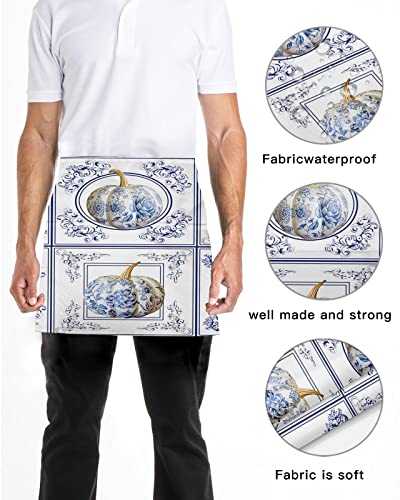 Risqiten Fall Thanksgiving Waitress Apron For Women/Men With 3 Pockets, Pumpkin Plaid Blue And White Porcelain Server Aprons Waterproof Kitchen Cooking Half Waist Apron #TOP4