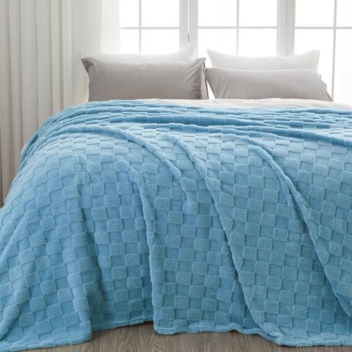 NEWCOSPLAY Super Soft Queen Blanket Blue Premium Silky Flannel Fleece 3D Checkered Lightweight Bed Blanket All Season Use (Blue Checkered, Queen(90"x90"))