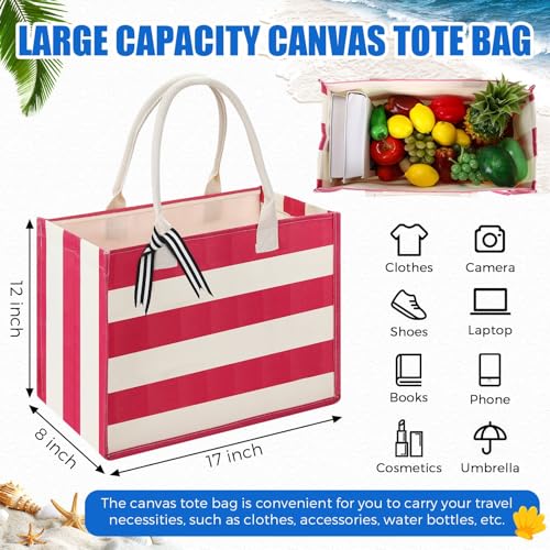 10 Pcs Canvas Tote Bags Bulk for Women Canvas 17 x 12 x 8 Inch Waterproof Stripe Sandproof Large Beach Tote Bags with Handle for Wedding Bridesmaid Birthday Summer3