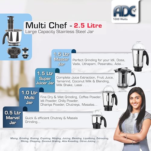 Image of Vidiem Vstar ADC Azure Blue 1000W MIXER GRINDER | 1000 Watts with 5 Jar In-1 Juicer |5 Leakproof Multi Purpose Self-Lock Jars, For Wet And Dry, Chutneys, Curries & Powders | 1000 Watts Mixer|ABS Body