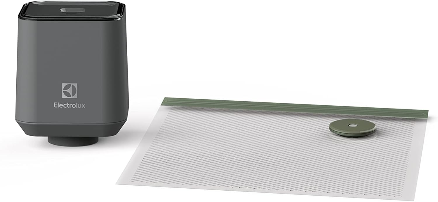 Electrolux Handheld 23EVSL01AY Rechargeable Food Sealer and Vacuum Pump for storage and Sous Vide with Reusable Sealer Bags (10), Small, Gray