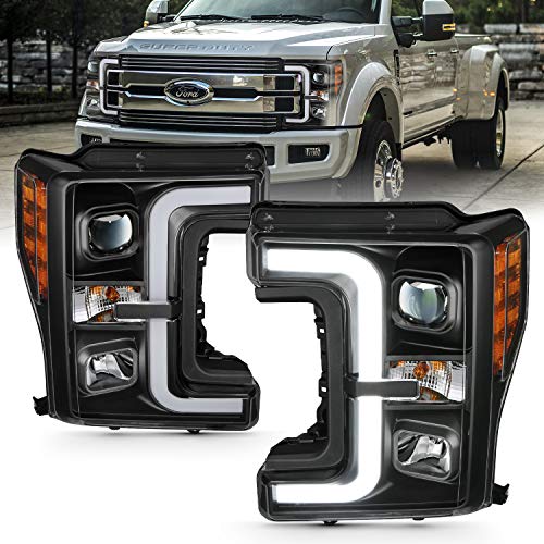 AmeriLite for 2017-2019 Ford Super Duty F250 F350 XL XLT Black Replacement Projector Headlights w/LED Bar Set - Passenger and Driver
