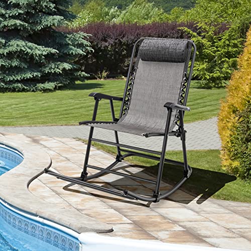 Happygrill Foldable Rocking Chair Zero Gravity Lounge Rocker With Headrest, Outdoor Portable Rocker For Porch Garden Poolside And Backyard, Gray #TOP3