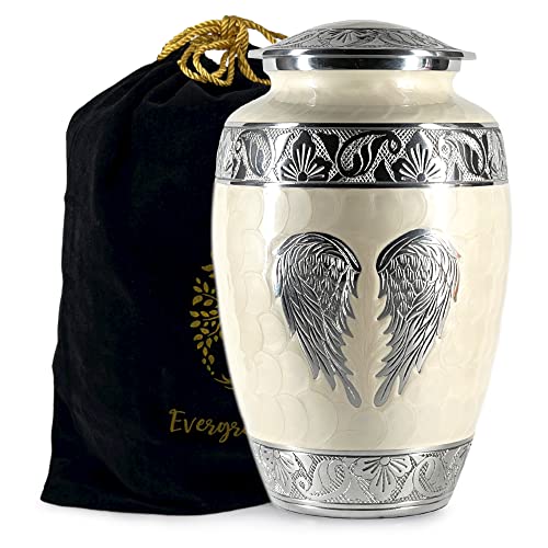 Image of Cremation Urns for Human Ashes Adult Female and Male - Large Decorative Burial Funeral Urn with Angel Wings Design, Pearl White