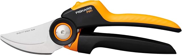 Fiskars Bypass Gardening Shears L, X-Series PowerGear, P961, with Rolling Handle, For Fresh Branches and Twigs, Non-Stick Coated, Stainless Steel Blades, Length: 22.2 cm, Black/Orange, 1057175