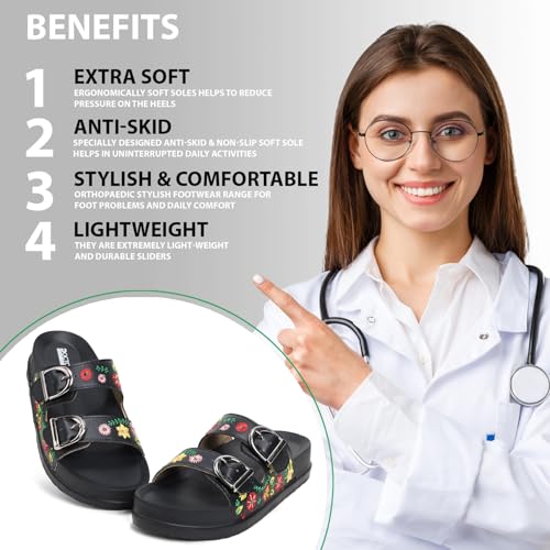 Image of Women Floral Double Strap Buckle Slides | Embroidered Casual Slip-On Sandals for Girls | Lightweight Anti-Slip Comfortable Everyday Wear Flats