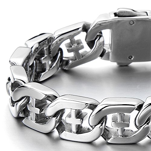 COOLSTEELANDBEYOND Men's Stainless Steel Curb Chain Bracelet with Cross Silver Color High Polished3