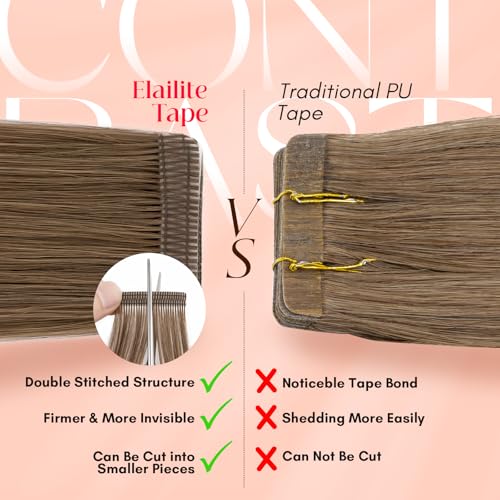 Image of Elailite Tape in Hair Extensions Human Hair Thick Real Remy Hairpieces Medium Brown 18 Inch 50g 20pcs Straight Invisible Seamless Skin Weft Best Tape for Women