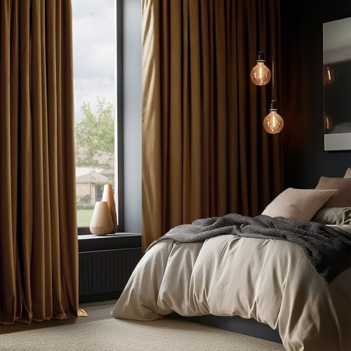 HPD Half Price Drapes Signature Velvet Thermal Blackout Curtains for Living Room 120 Inch Long (1 Panel) Rod Pocket Insulated Blackout Curtains for Bedroom Window Curtains, 50W x 120L, Amber Gold