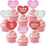 24 PCS Happy Valentine's Day Cupcake Toppers | 8 Design Red Glitter Heart Cupcake Picks | Valentine Theme Birthday Cake Decorations Party SuppliesDecorations