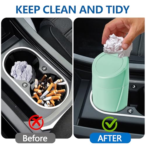 Image of Hovom Mini Car Trash Can with Lid, Portable Garbage Can for Car, Leakproof Cup Holder Automotive Garbage Bin with 2 Rolls of Trash Bags, Small Trash Storage Can for Car Home Office(Light Green)