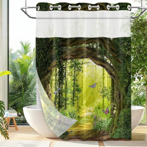 Tree Forest Green Hookless Shower Curtain with Liner, 71x86 in, Extra Long
