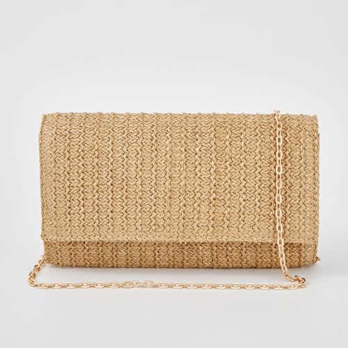 Image of Huralona Women Straw Woven Clutch Purse Pleated Handbag for Summer Beach Vacation Straw Shoulder Crossbody Bag