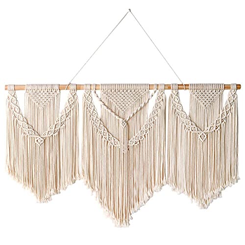 Tenture murale macramé en coton bohème avec pompons et perles pour salon - 2