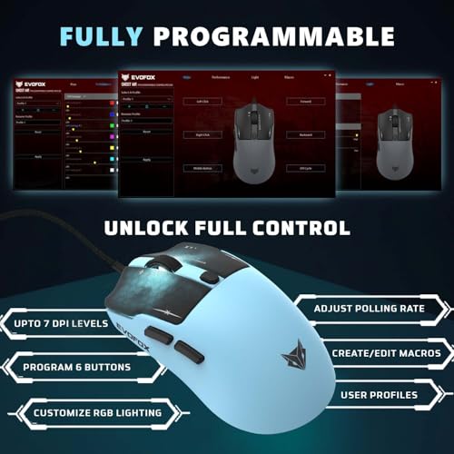 Image of EvoFox Performance Series Ghost Air Ultra Lightweight Gaming Mouse, Upto 1000Hz Polling Rate & 12400 DPI, Honeycomb RGB Lighting, Fully Programmable with Windows Software & On-Board Memory, Blue