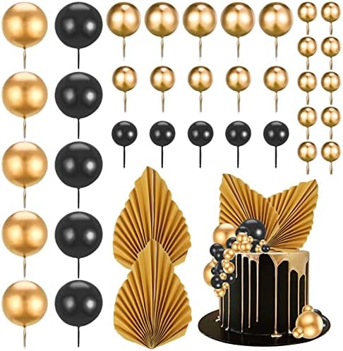 Pinenuts 37 Pcs Balloon Cake Topper, Black and Gold Ball Cake Decorations Mini Foam Balls Cupcake Topper Balloon Cake Picks for Birthday Wedding Anniversary (Black)
