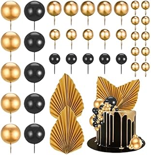 Pinenuts 37 Pcs Balloon Cake Topper, Black and Gold Ball Cake Decorations Mini Foam Balls Cupcake Topper Balloon Cake Picks for Birthday Wedding Anniversary (Black)