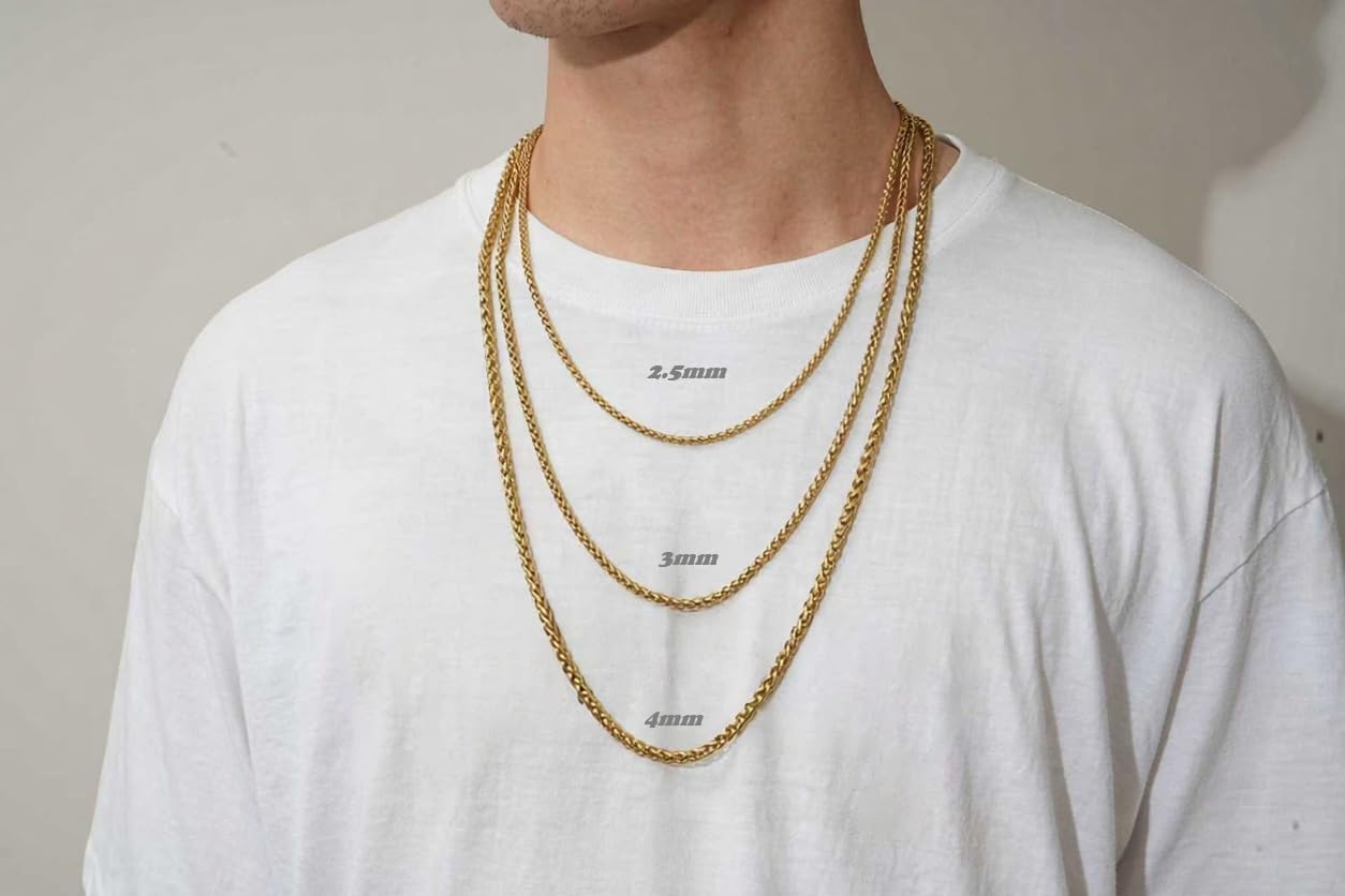 Gold Plated Wheat Chain Necklace for Men, 14K Gold Plated Stainless Steel Chains for Men and Women, 2.5mm 3mm 4mm 5mm Mens Necklace - Image 3