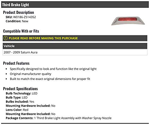 Marketplace Auto Parts 3rd Third Brake Light lens with Bulb - LED - Compatible with 2007-2009 Saturn Aura