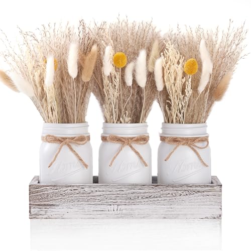 KIVIVO Fall Table Decor, Thanksgiving Centerpieces for Tables with Mason Jar, Pampas Grass, Wood Tray, Fall Centerpieces Table Decorations for Home Dining Table Indoor, 34 Pcs Autumn Farmhouse Decor