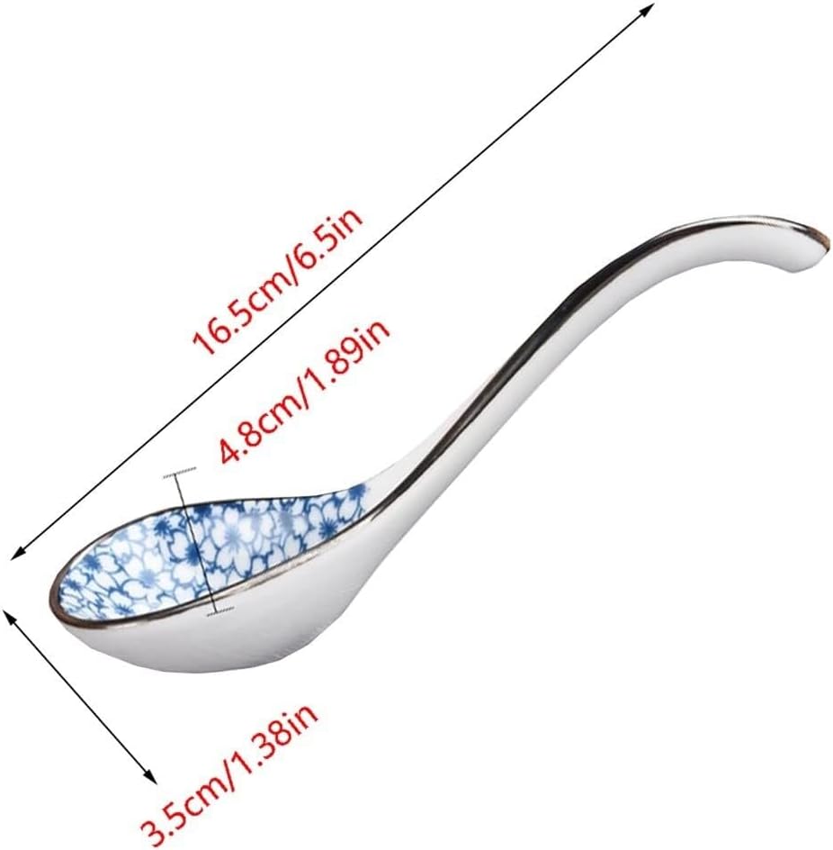 Japanese Style Ceramic Soup Spoon Set, 5 Pcs Long Handle Rice & Pasta Spoons, Elegant Handmade Flower Glaze, Versatile