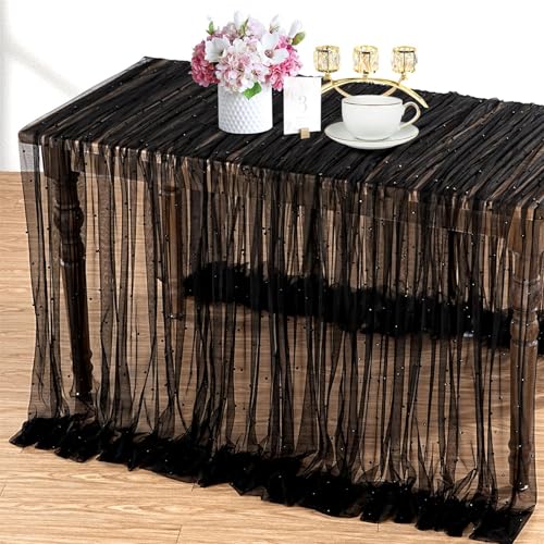 LuoluoHouse Mantel de tul para bodas: 5 piezas de tela de encaje negro perlado