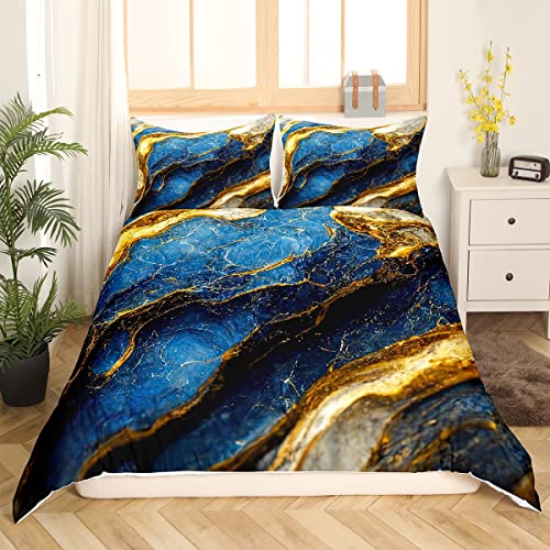 Homewish Watercolor Abstract Bedding Sets Double Dark Blue Marble Comforter Cover, Navy Marbling Bed Set Stone Printed Duvet Cover, Gold Metallic Pattern Quilt Cover Lightweight 3Pcs