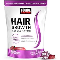 Force Factor Hair Growth Accelerator Soft Chews, Hair Growth Vitamins for Women and Men with Clinically Studied Lustriva and Biotin, Promotes Thicker, Fuller, Stronger Hair, Mixed Berry, 60 Soft Chews
