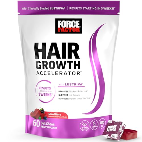 Force Factor Hair Growth Accelerator Soft Chews, Hair Growth Vitamins for Women and Men with Clinically Studied Lustriva and Biotin, Promotes Thicker, Fuller, Stronger Hair, Mixed Berry, 60 Soft Chews