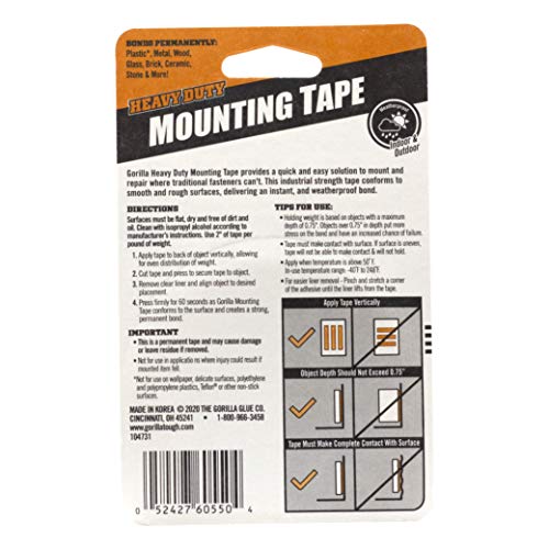 Gorilla - Heavy Duty Double Sided Mounting Tape, Weatherproof, 1" X 60", Black, (Pack Of 2) #TOP2