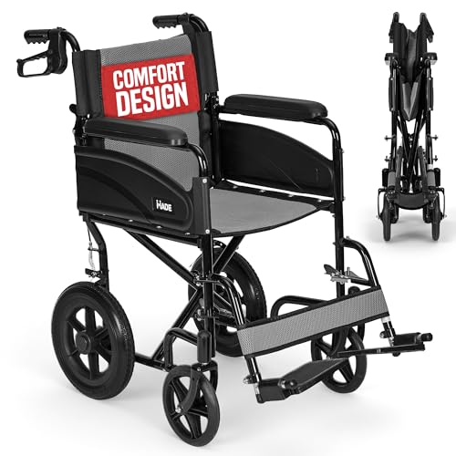 Lightweight Folding Wheelchair - Travel Friendly Foldable Transit Wheel Chair - Adjustable Footrests, Lock Lever Brakes - Grey, Standard 18 Seat
