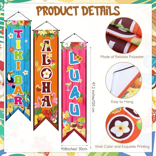 Image of Chiisong 3 Pcs Hawaiian Banners Aloha Luau Porch Sign Tiki Bar Hanging Flag Tropical Welcome Sign Summer Beach Pool Party Decorations Photo Props Backdrop for Outdoor Door Wall Yard Birthday Camping
