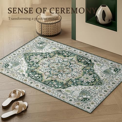 2x3 Green Small Entryway Doormat 2x3 Front Door Rug Indoor Entrance Kitchen Bathroom Carpet Farmhouse Non Slip Washable Low Pile Floor Carpet, Green/Multi
