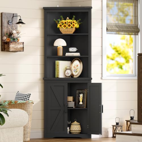 Image of TEENFON Farmhouse Corner Cabinet, 70.3 inch H Tall Corner Hutch with 5 Shelves & 2 Barn Doors, Bathroom Cabinet with Adjustable Shelf, for Living Room, Kitchen, Bathroom, Black