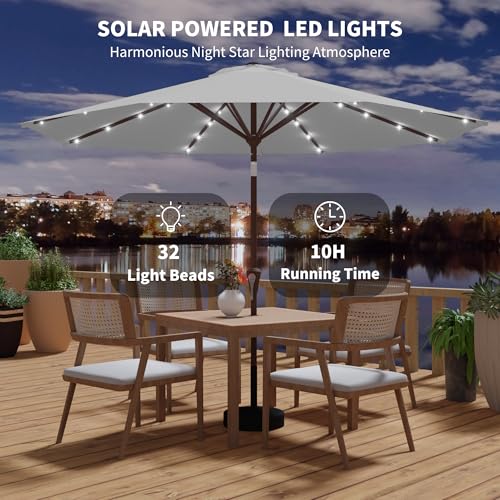 Kingdura 9FT Outdoor Patio Umbrella with Solar Lights, Market Table Umbrella with Push Button Tilt & Crank, 8 Sturdy Ribs, 32 LED Lights, UV Protection for Garden Lawn Deck Backyard Pool (Light grey) by Kingdura - Used condition - Image 3